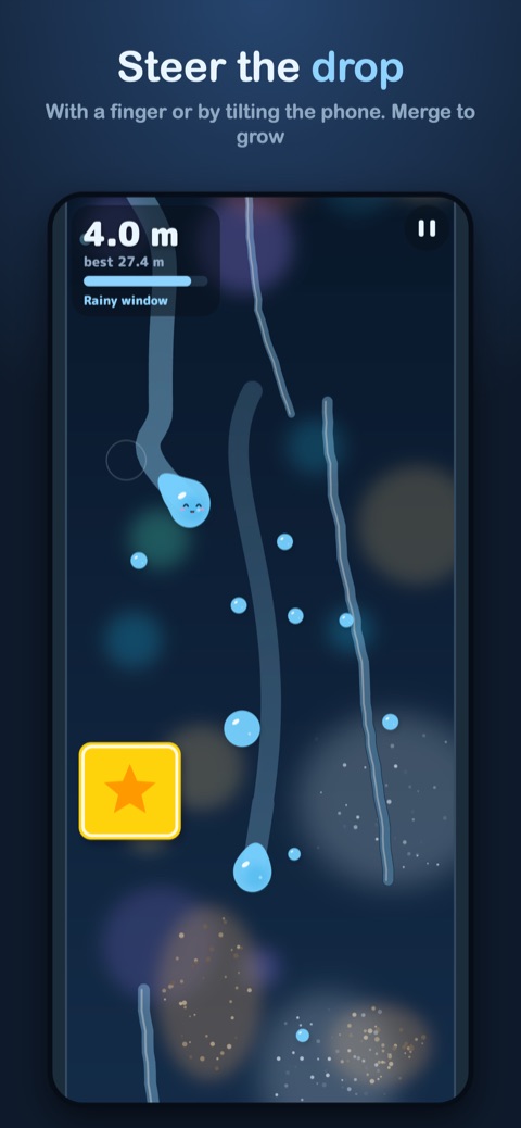 Adroption screenshot: steering a drop down a rainy window