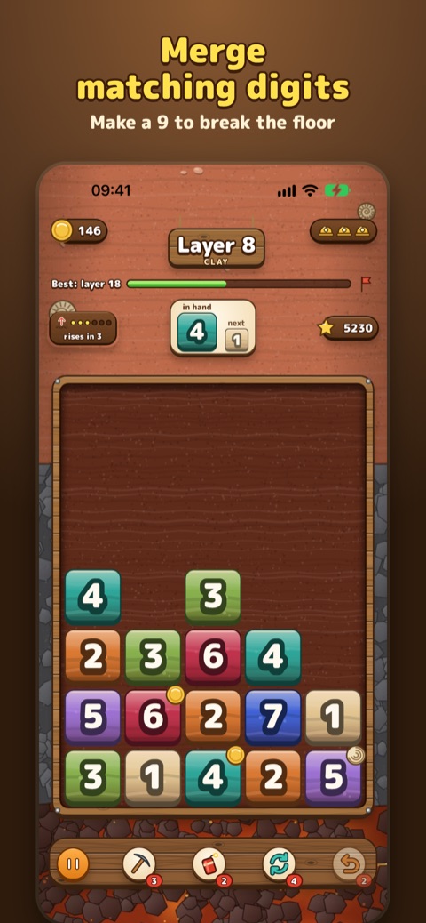Dig A Digit screenshot: merging digits in the clay layer