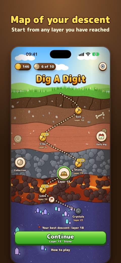 Dig A Digit screenshot: the map of your descent