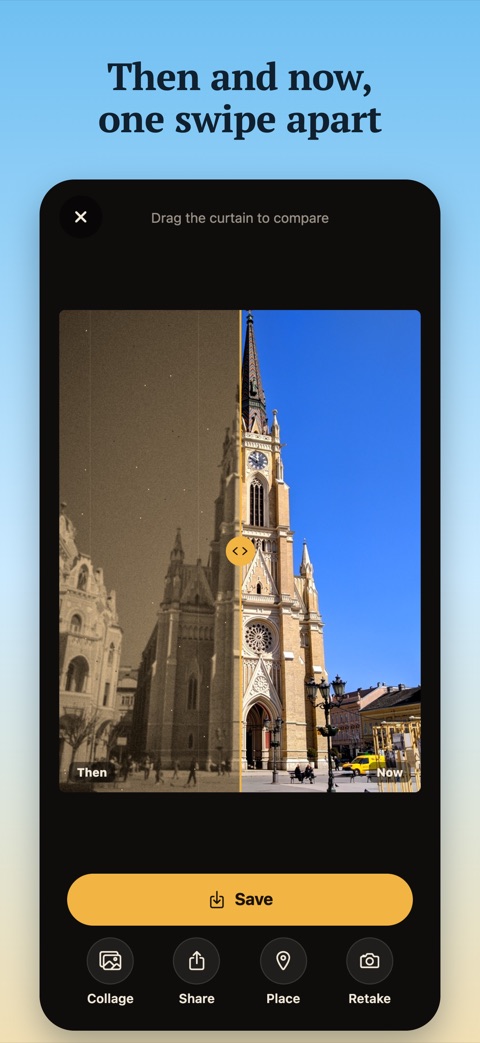 Yesterlens screenshot: then and now side by side