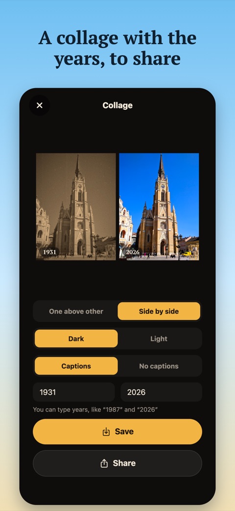 Yesterlens screenshot: a then-and-now collage
