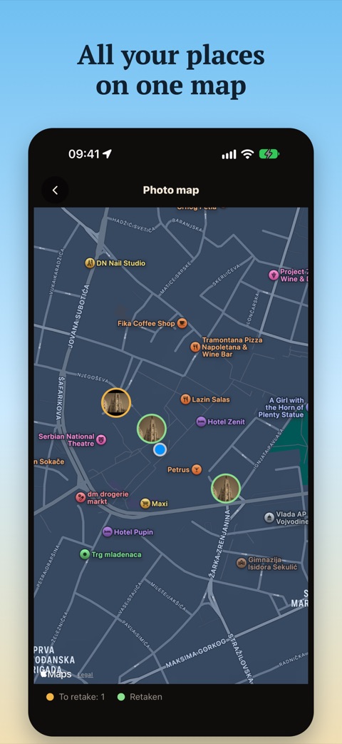 Yesterlens screenshot: places on a map